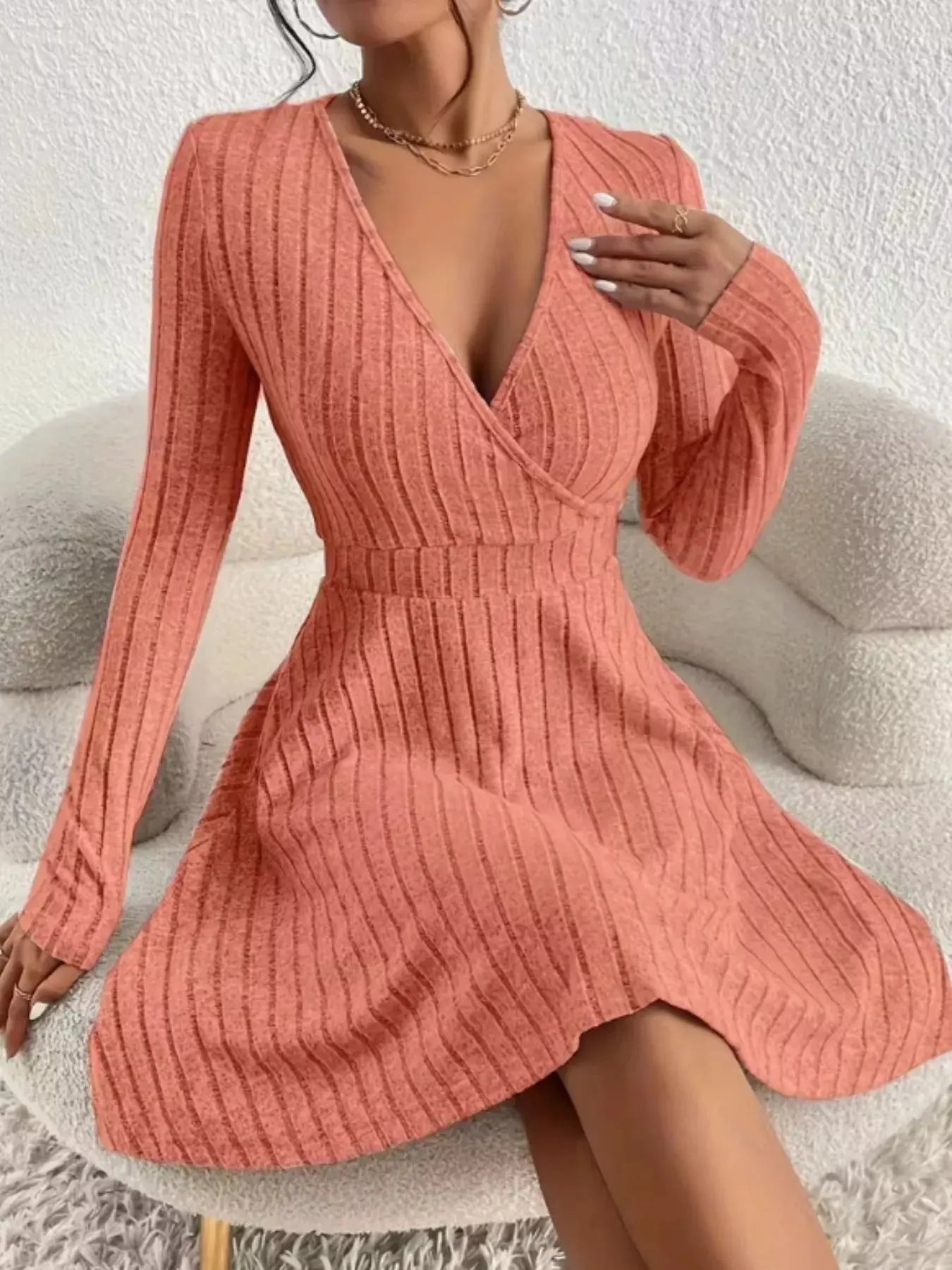 Ribbed Knit Wrap Mini Dress - Charmdeals