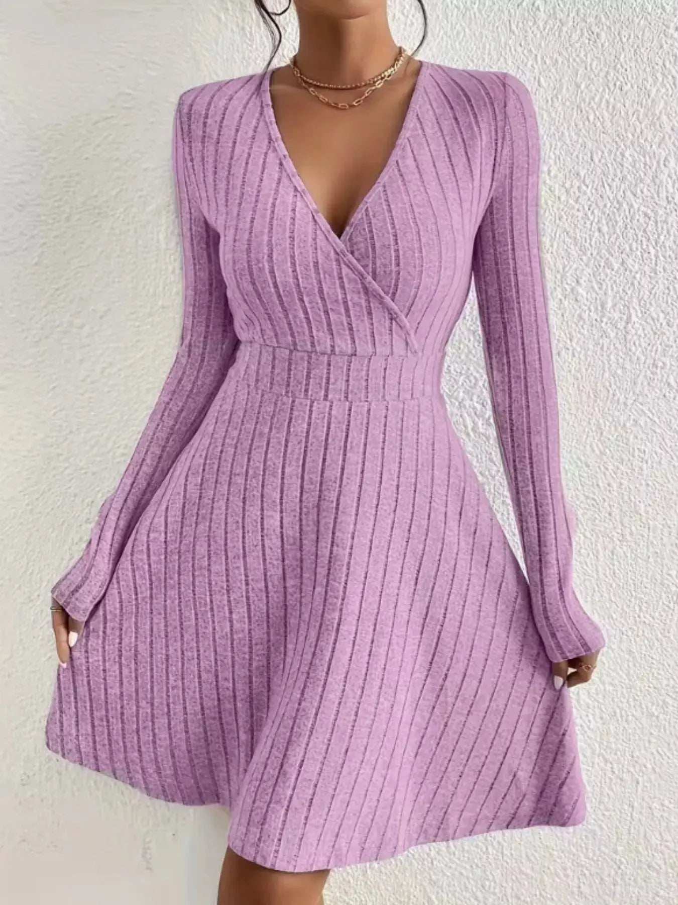 Ribbed Knit Wrap Mini Dress - Charmdeals