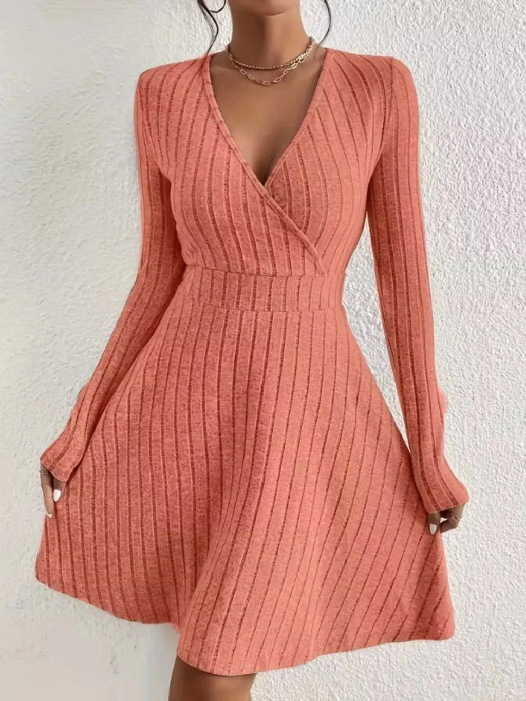 Ribbed Knit Wrap Mini Dress - Charmdeals