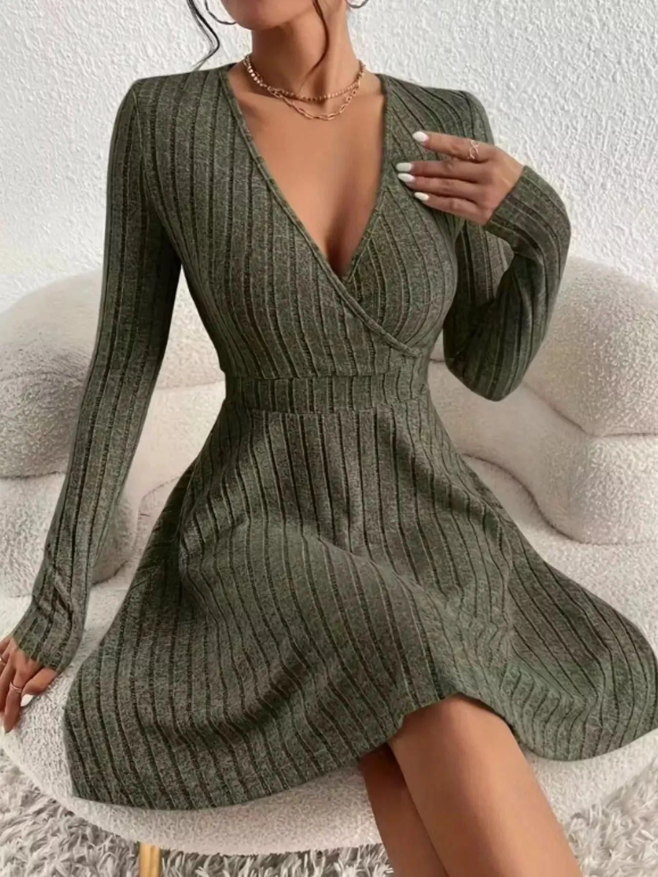 Ribbed Knit Wrap Mini Dress - Charmdeals