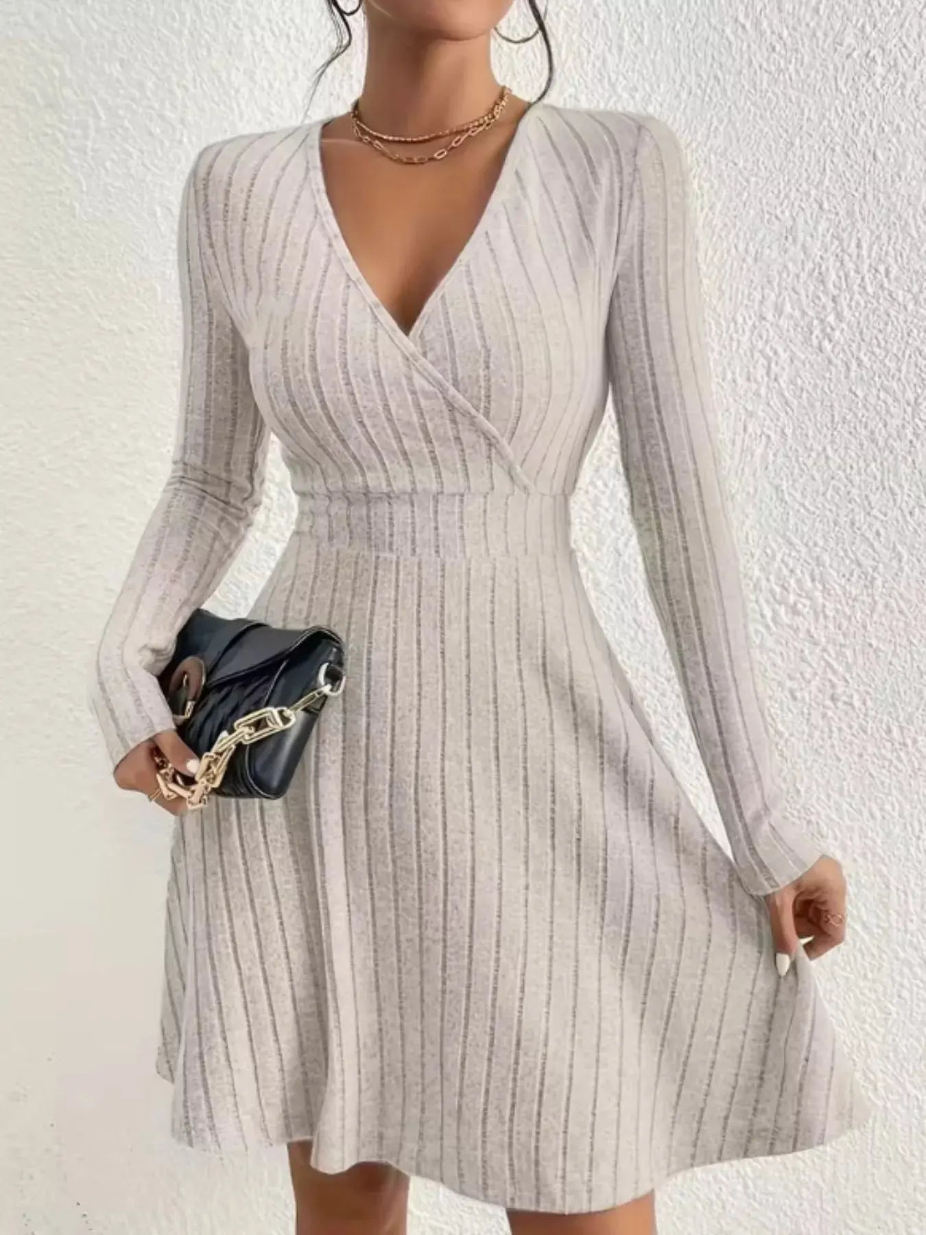 Ribbed Knit Wrap Mini Dress - Charmdeals