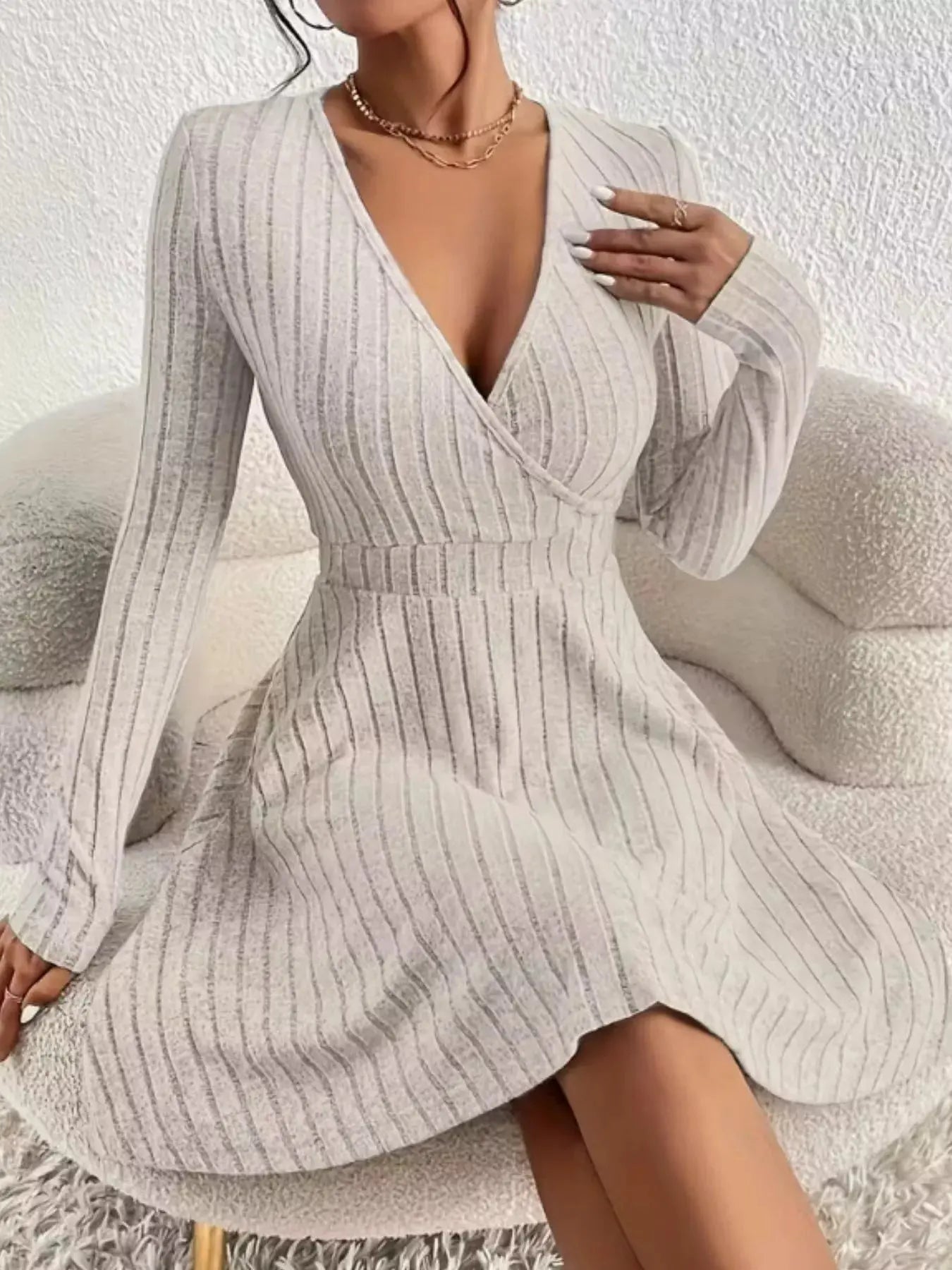 Ribbed Knit Wrap Mini Dress - Charmdeals