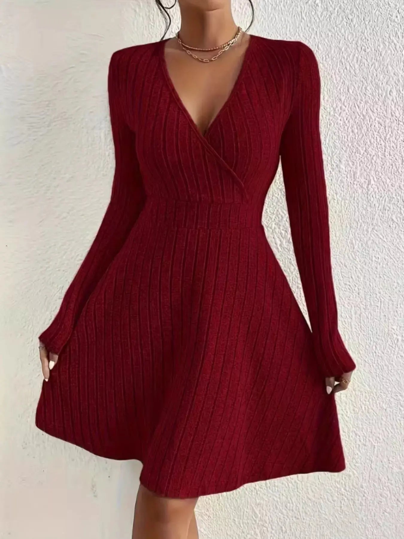 Ribbed Knit Wrap Mini Dress - Charmdeals