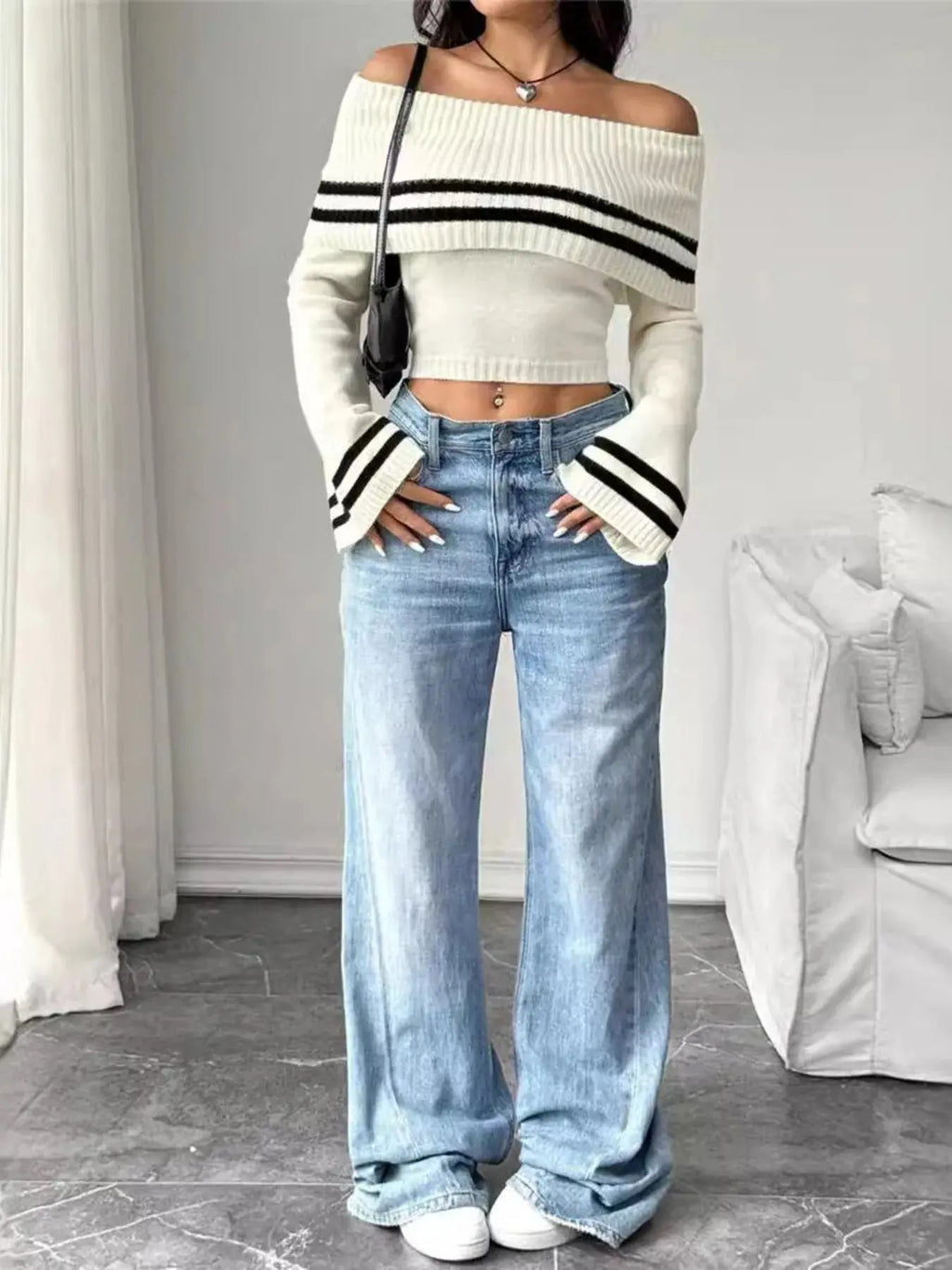 Ribbed Off - Shoulder Striped Knit Top - Charmdeals