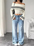 Ribbed Off - Shoulder Striped Knit Top - Charmdeals