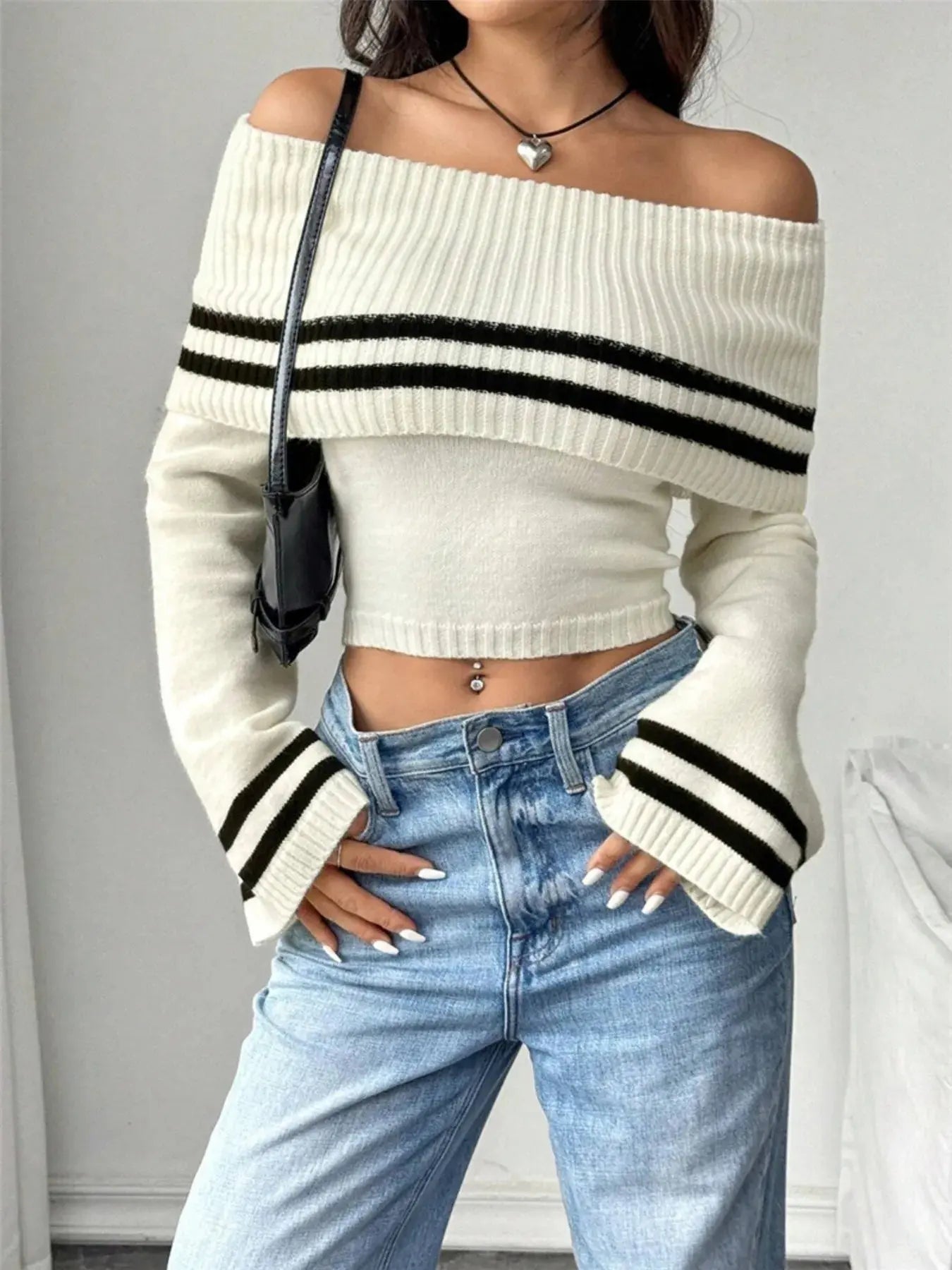 Ribbed Off - Shoulder Striped Knit Top - Charmdeals