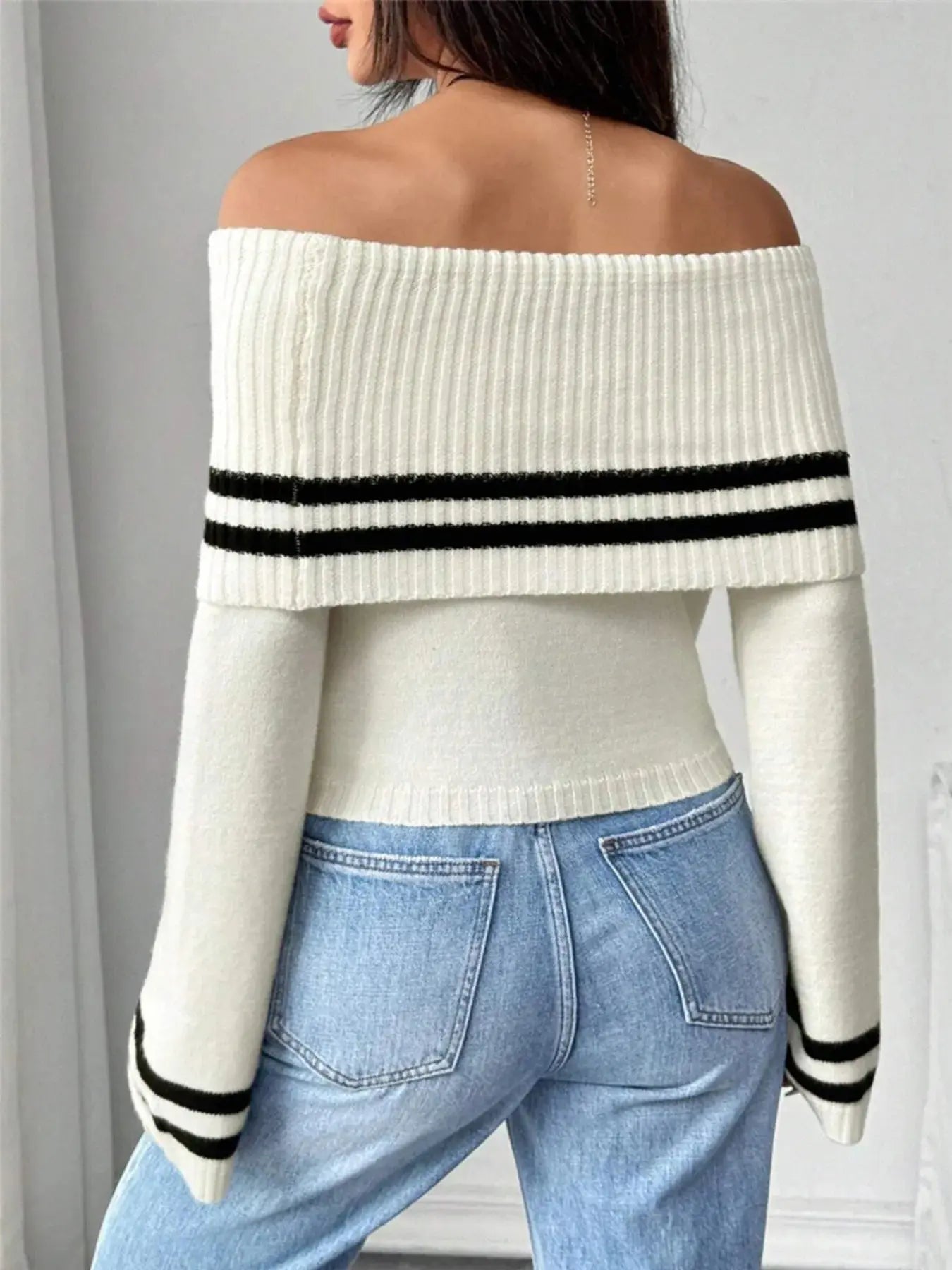 Ribbed Off - Shoulder Striped Knit Top - Charmdeals