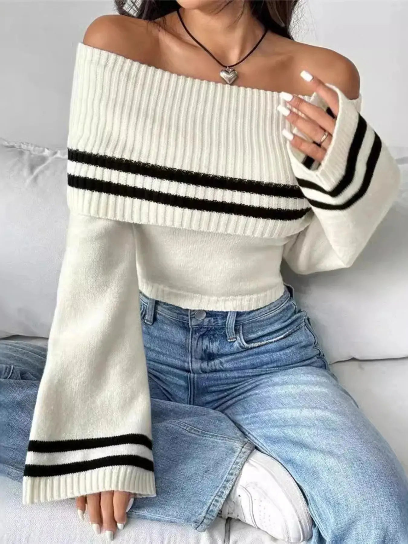 Ribbed Off - Shoulder Striped Knit Top - Charmdeals