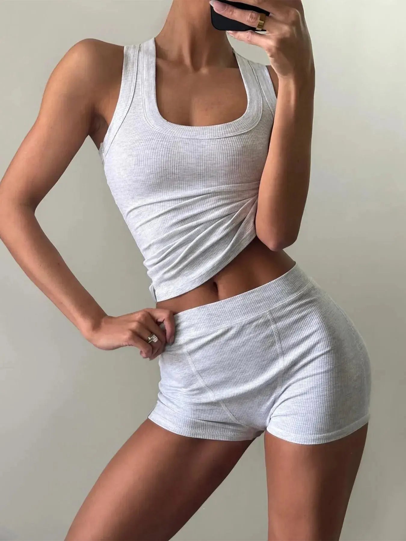 Ribbed Tank Top and Shorts Active Set - Charmdeals