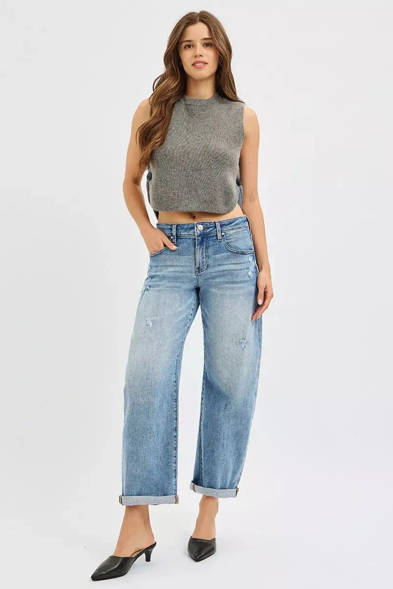 RISEN Full Size Slouchy Ankle Length Barrel Jeans with Cuffs Plus Size - Charmdeals
