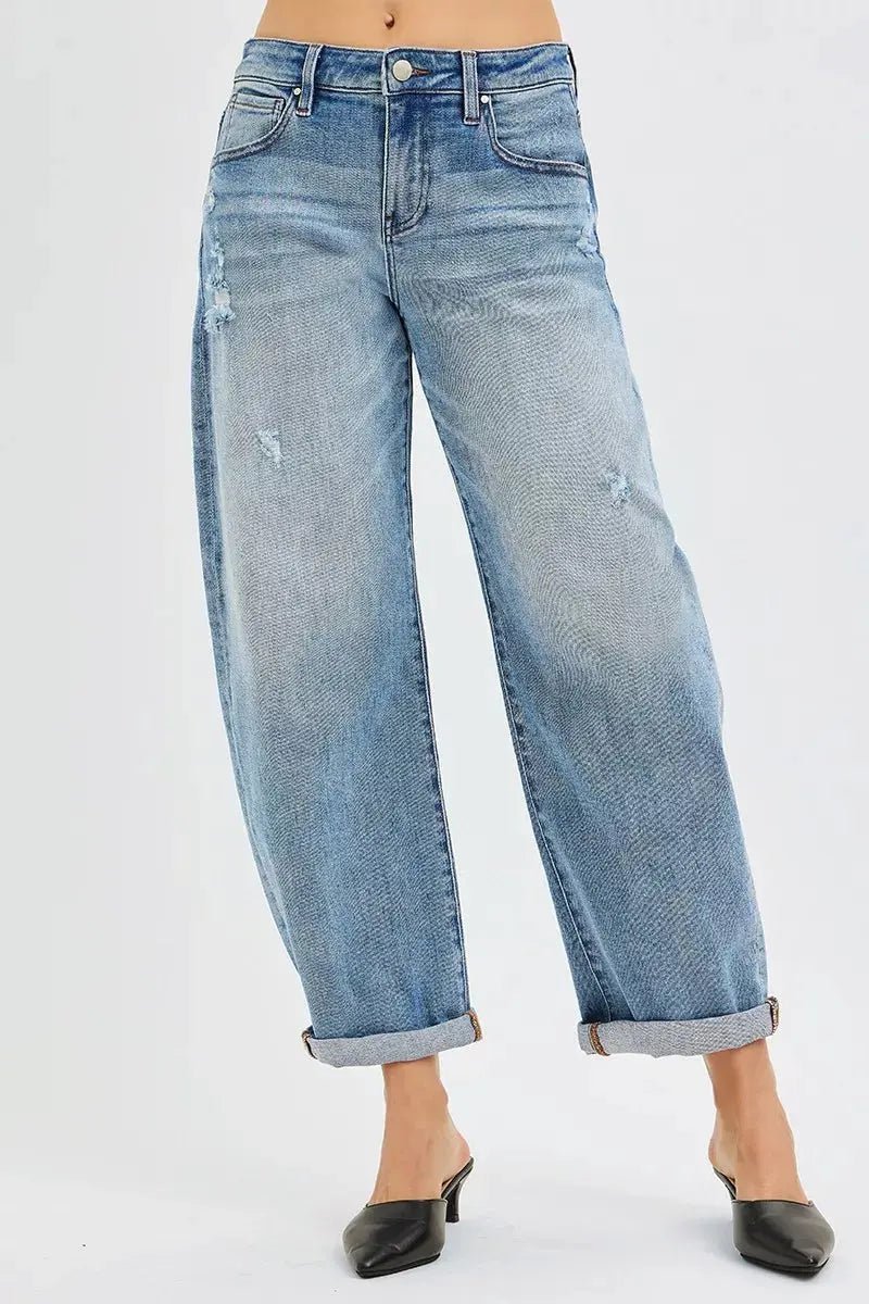 RISEN Full Size Slouchy Ankle Length Barrel Jeans with Cuffs Plus Size - Charmdeals