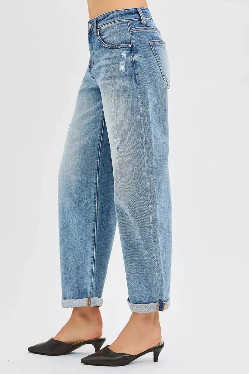 RISEN Full Size Slouchy Ankle Length Barrel Jeans with Cuffs Plus Size - Charmdeals