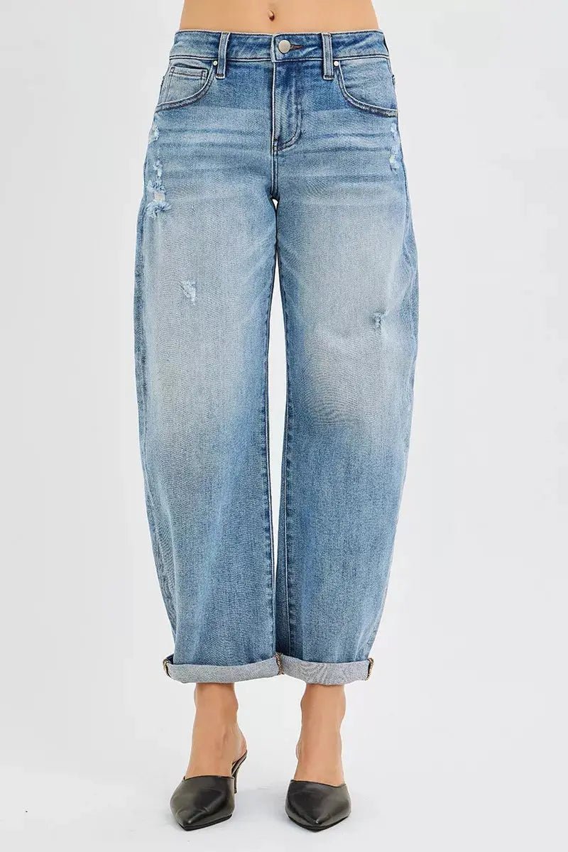RISEN Full Size Slouchy Ankle Length Barrel Jeans with Cuffs Plus Size - Charmdeals