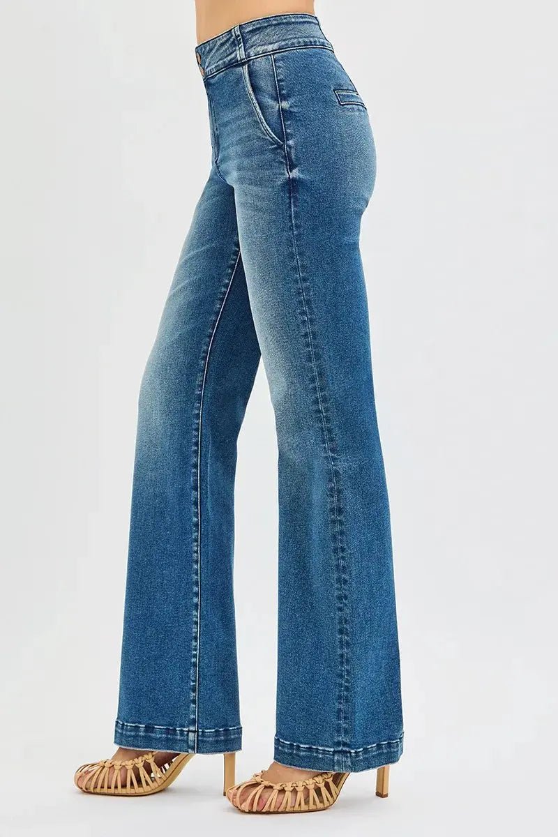 RISEN Full Size Tummy Control High Rise Bootcut Jeans with Double Button Waistband Plus Size - Charmdeals