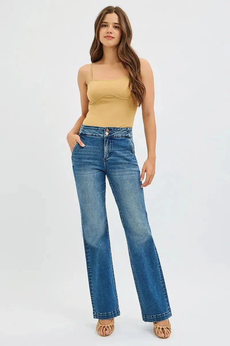 RISEN Full Size Tummy Control High Rise Bootcut Jeans with Double Button Waistband Plus Size - Charmdeals