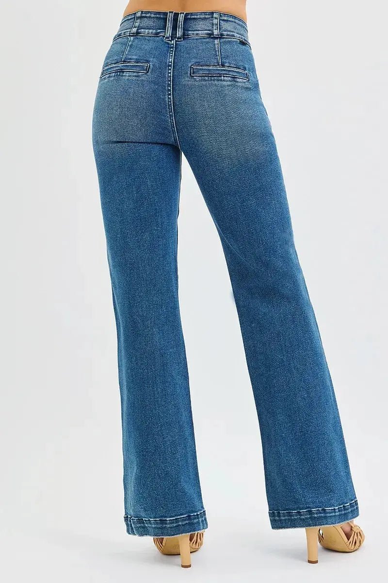 RISEN Full Size Tummy Control High Rise Bootcut Jeans with Double Button Waistband Plus Size - Charmdeals