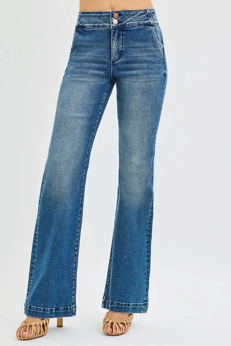 RISEN Full Size Tummy Control High Rise Bootcut Jeans with Double Button Waistband Plus Size - Charmdeals
