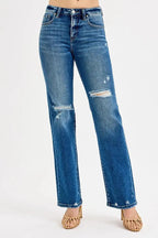 RISEN Full Size Tummy Control High Rise Straight Distressed Jeans Plus Size - Charmdeals
