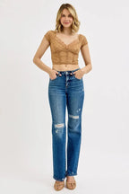 RISEN Full Size Tummy Control High Rise Straight Distressed Jeans Plus Size - Charmdeals