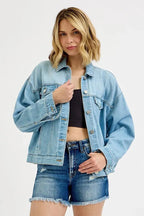 RISEN Washed Dropped Shoulder Denim Jacket - Charmdeals