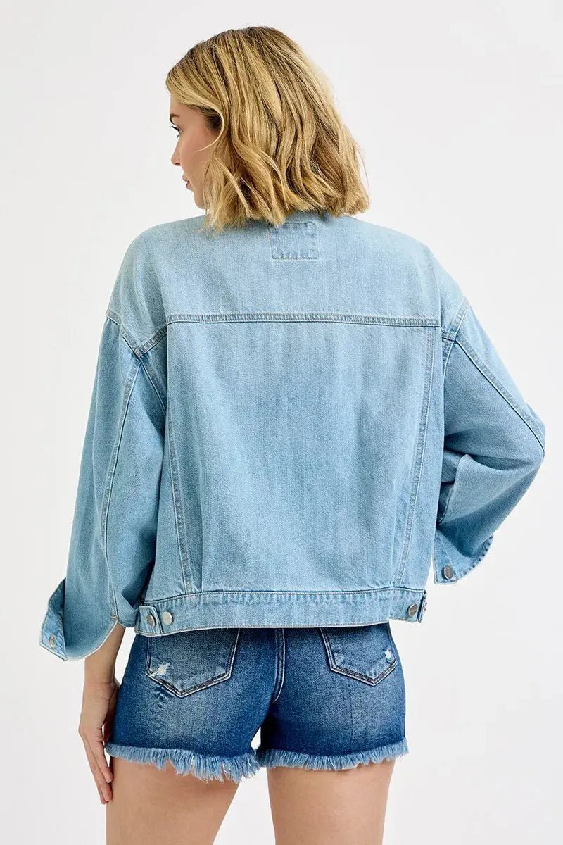 RISEN Washed Dropped Shoulder Denim Jacket - Charmdeals