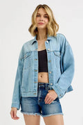 RISEN Washed Dropped Shoulder Denim Jacket - Charmdeals