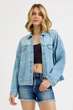 RISEN Washed Dropped Shoulder Denim Jacket - Charmdeals