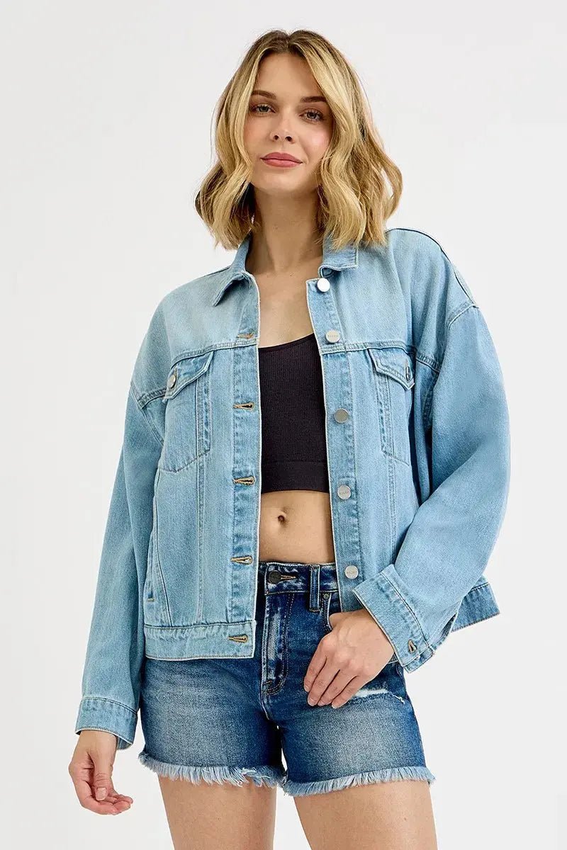 RISEN Washed Dropped Shoulder Denim Jacket - Charmdeals