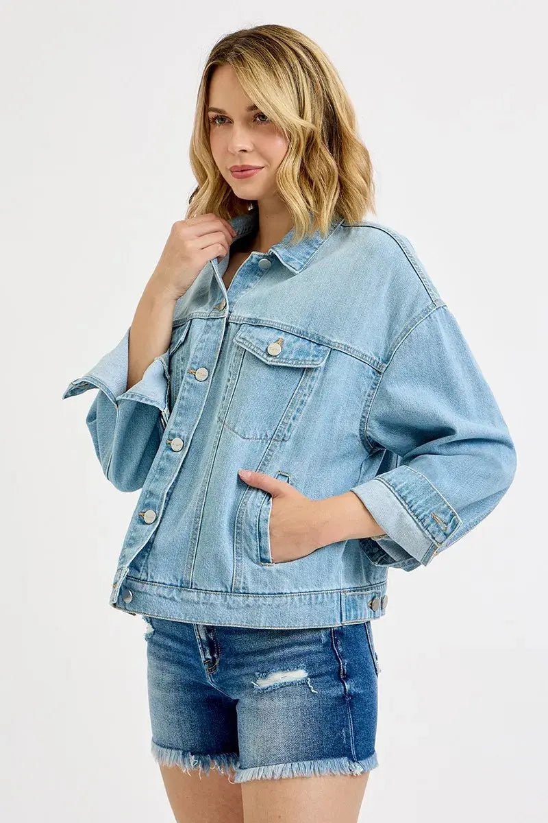 RISEN Washed Dropped Shoulder Denim Jacket - Charmdeals