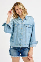 RISEN Washed Dropped Shoulder Denim Jacket - Charmdeals
