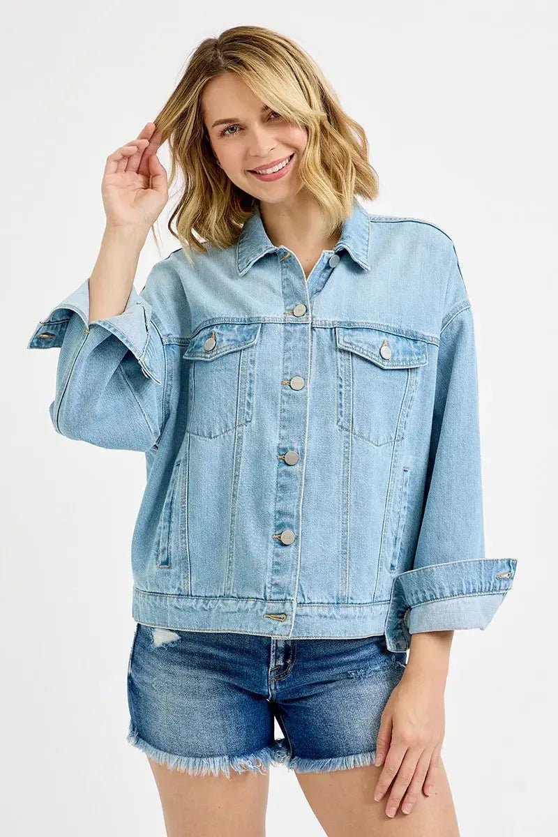 RISEN Washed Dropped Shoulder Denim Jacket - Charmdeals