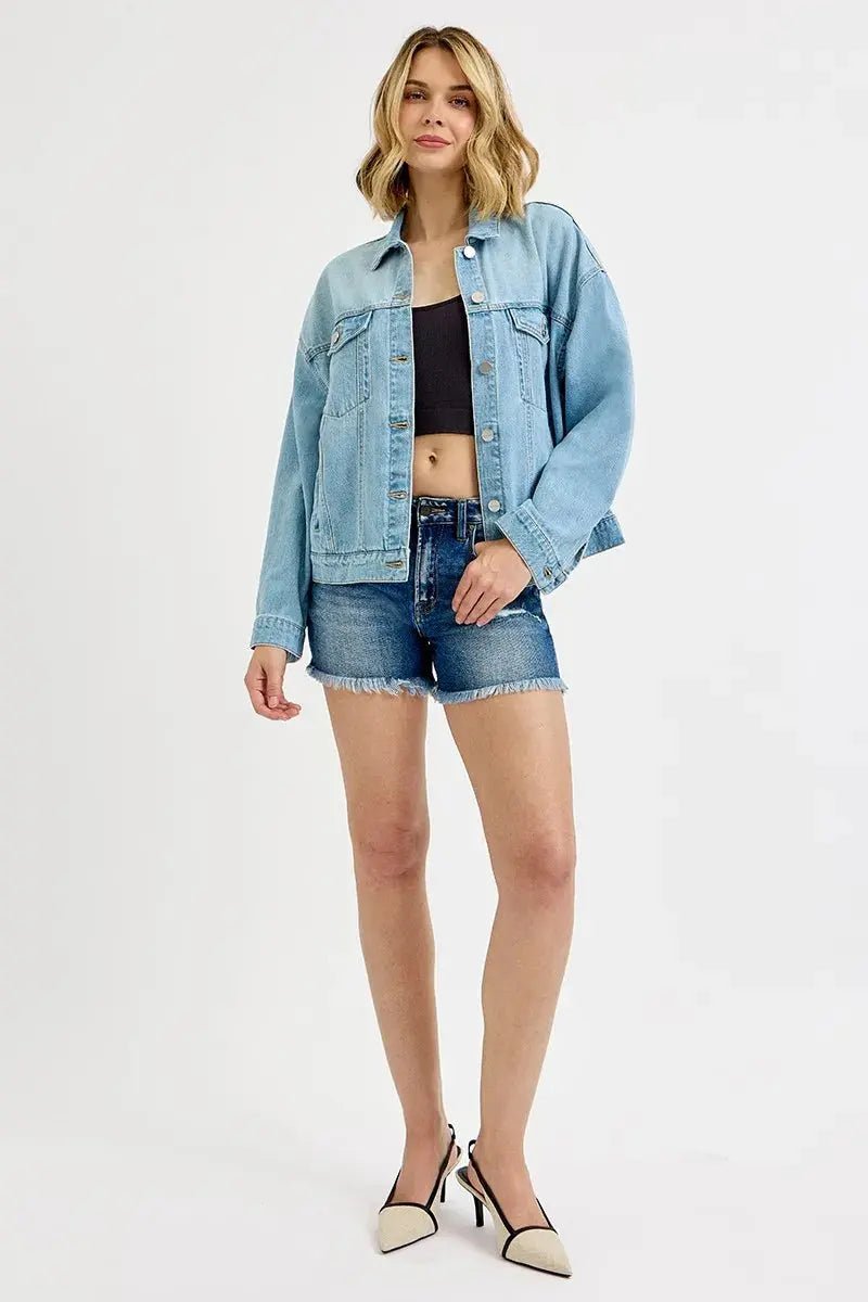 RISEN Washed Dropped Shoulder Denim Jacket - Charmdeals