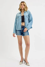 RISEN Washed Dropped Shoulder Denim Jacket - Charmdeals
