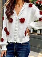 Rose Embellished V - Neck Cardigan - Charmdeals