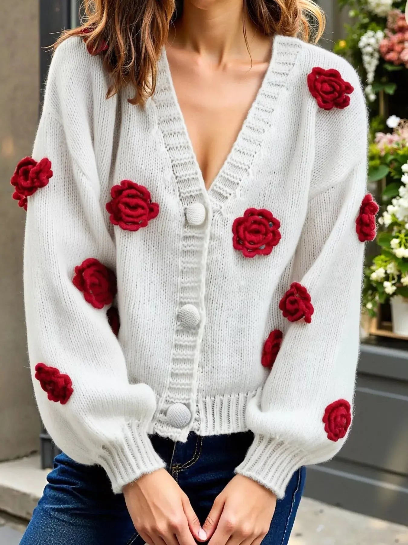Rose Embellished V - Neck Cardigan - Charmdeals
