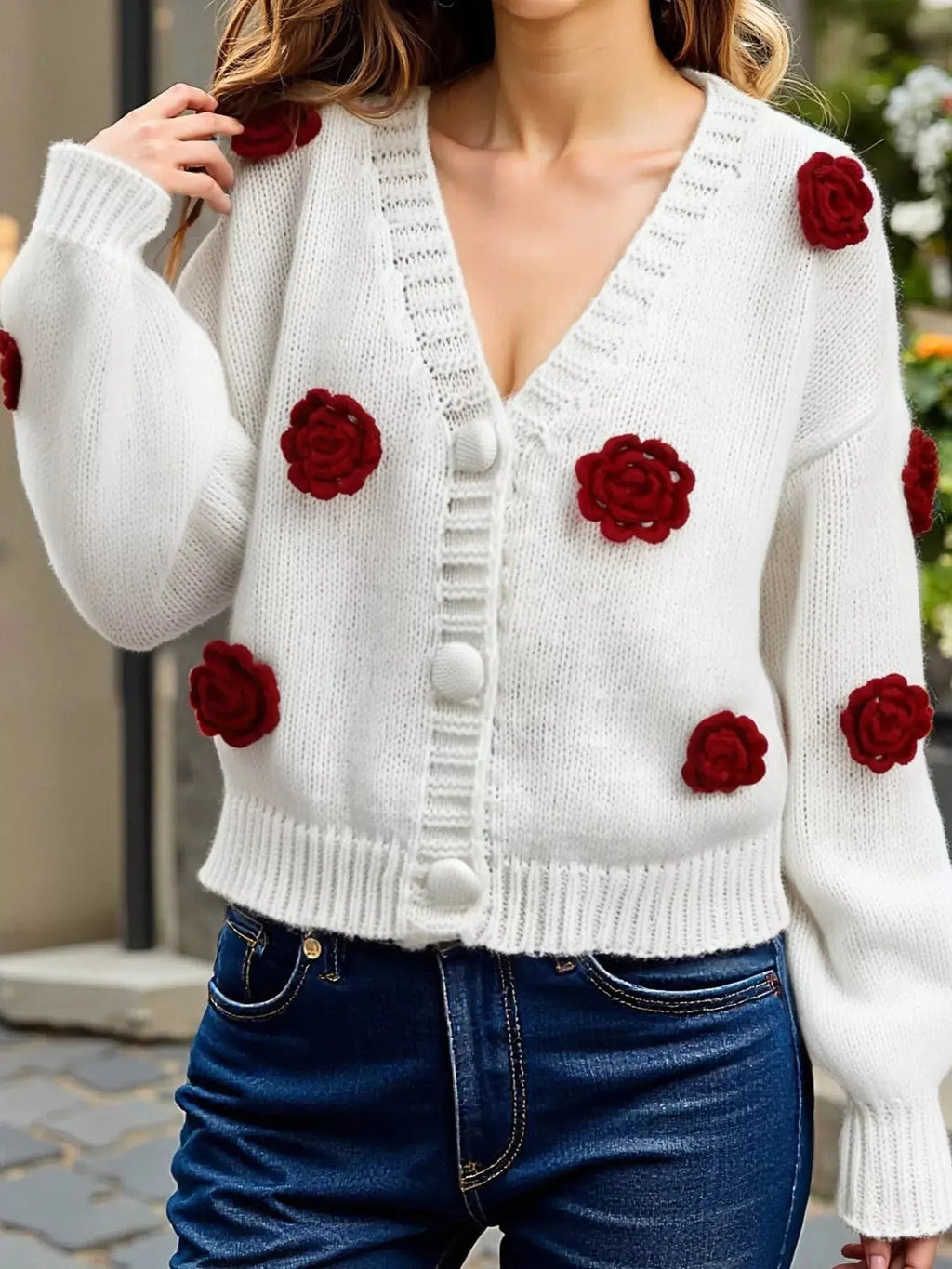 Rose Embellished V - Neck Cardigan - Charmdeals