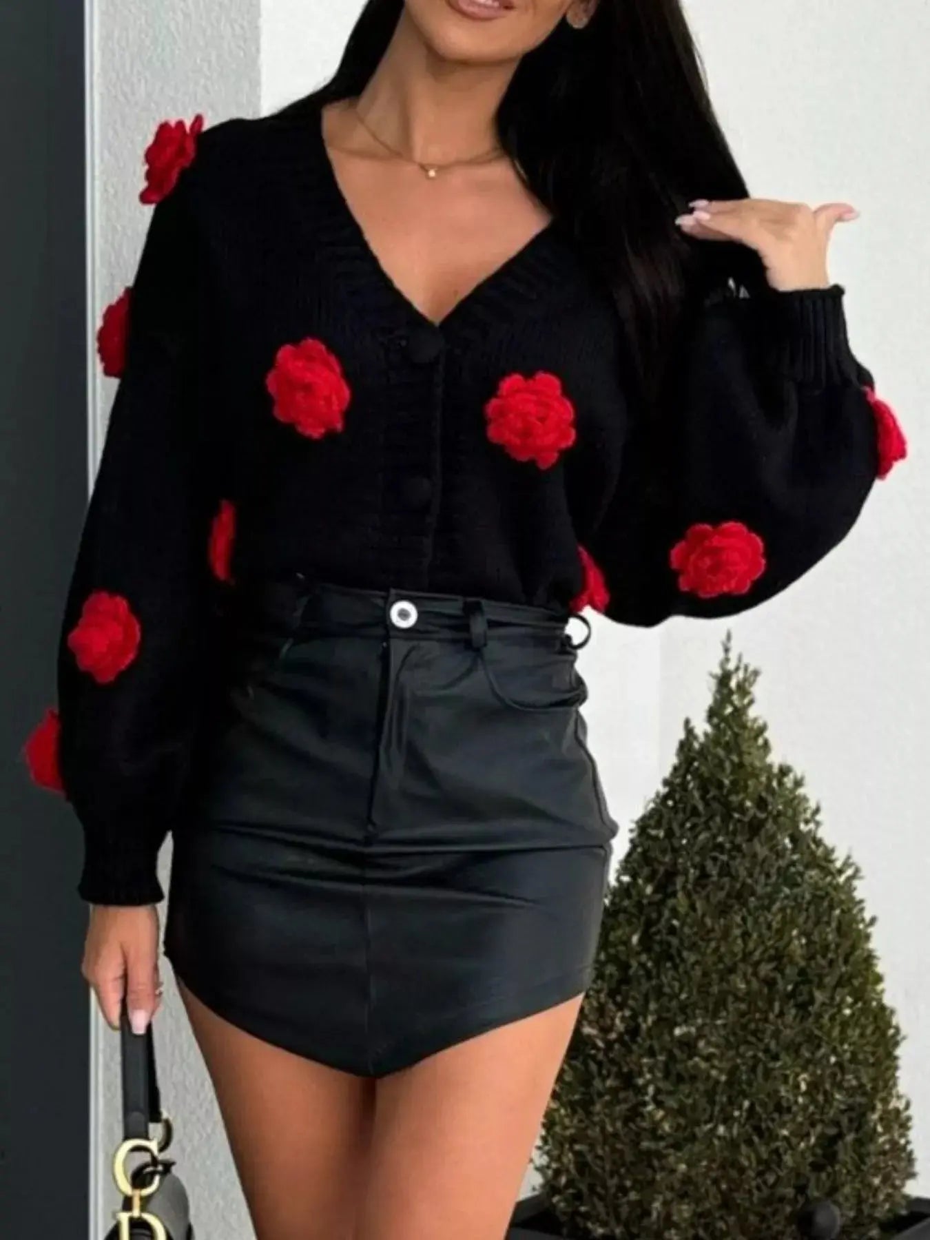 Rose Embellished V - Neck Cardigan - Charmdeals