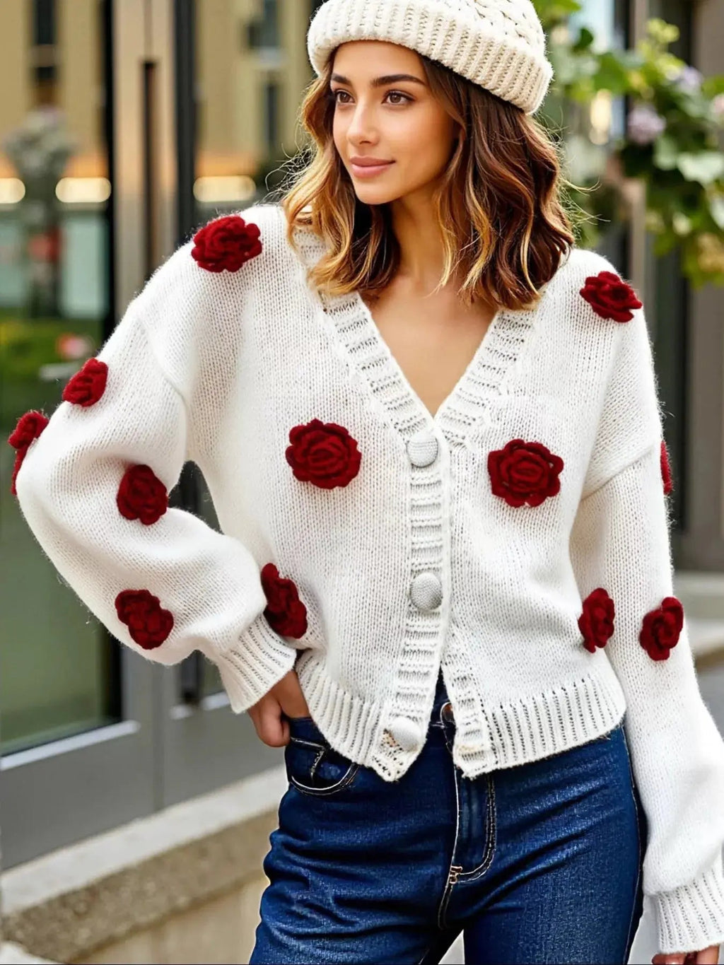 Rose Embellished V - Neck Cardigan - Charmdeals