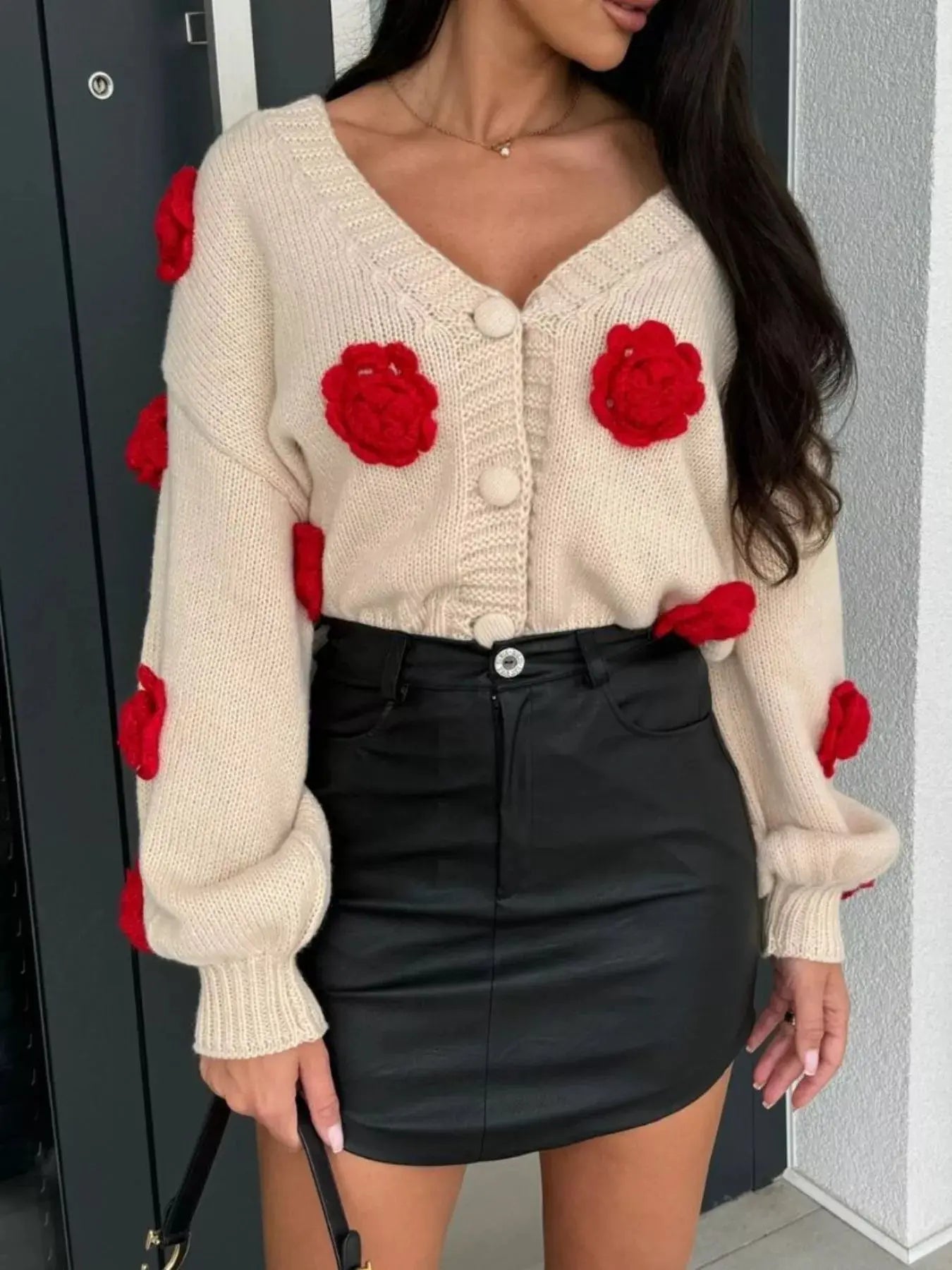 Rose Embellished V - Neck Cardigan - Charmdeals