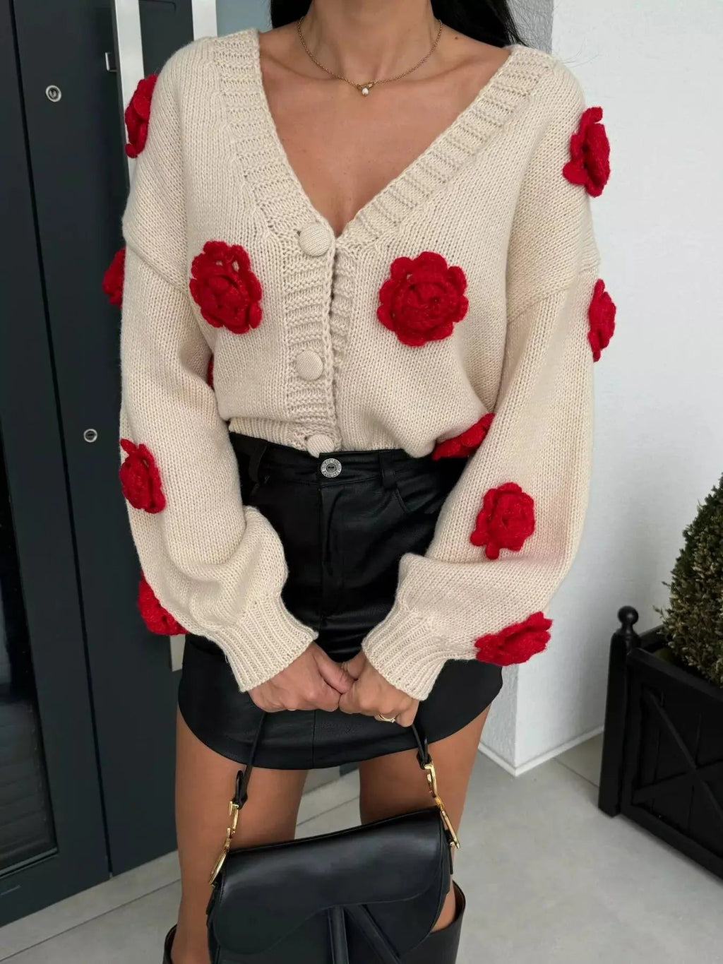 Rose Embellished V - Neck Cardigan - Charmdeals