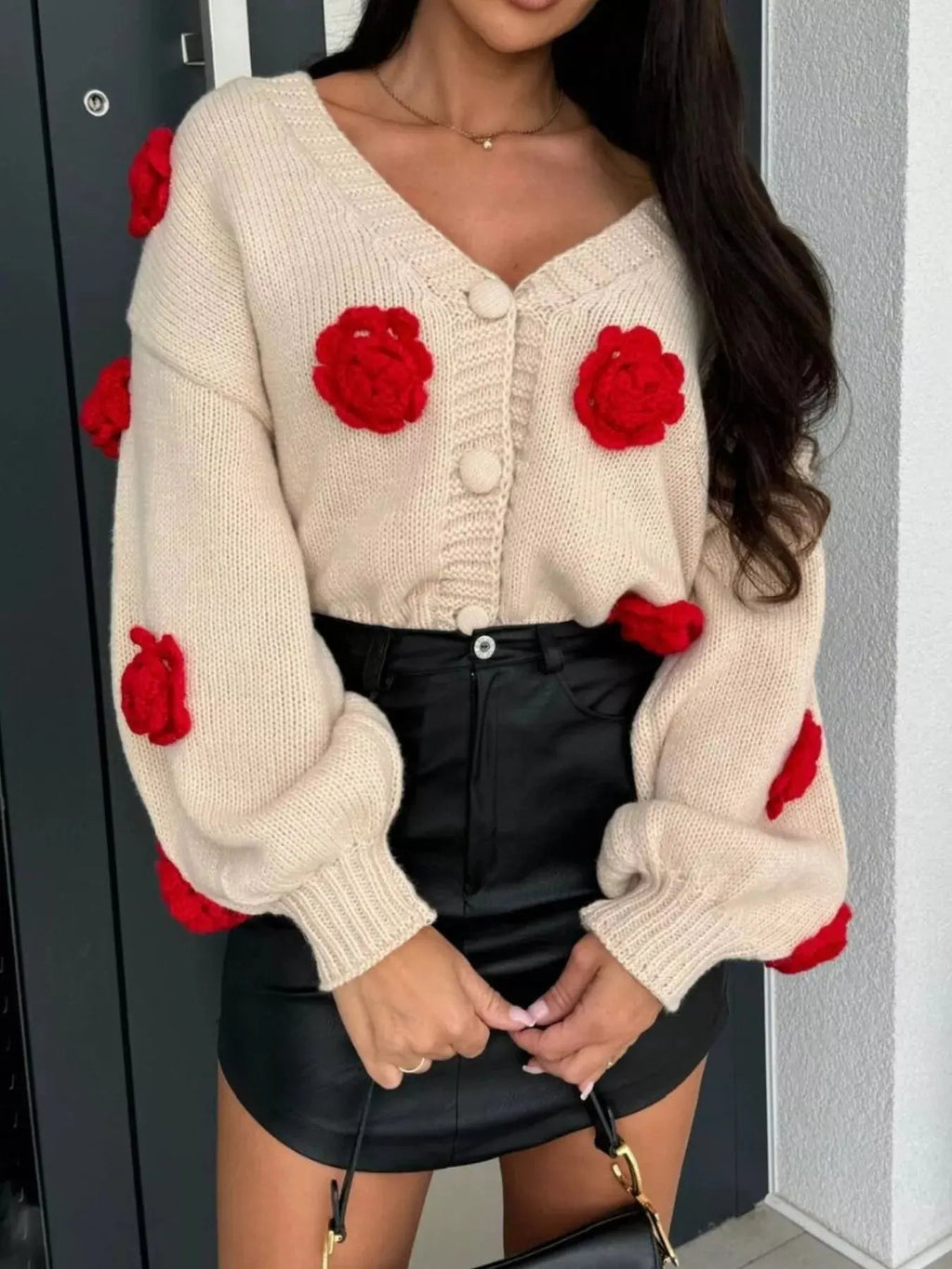 Rose Embellished V - Neck Cardigan - Charmdeals