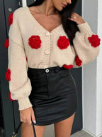 Rose Embellished V - Neck Cardigan - Charmdeals