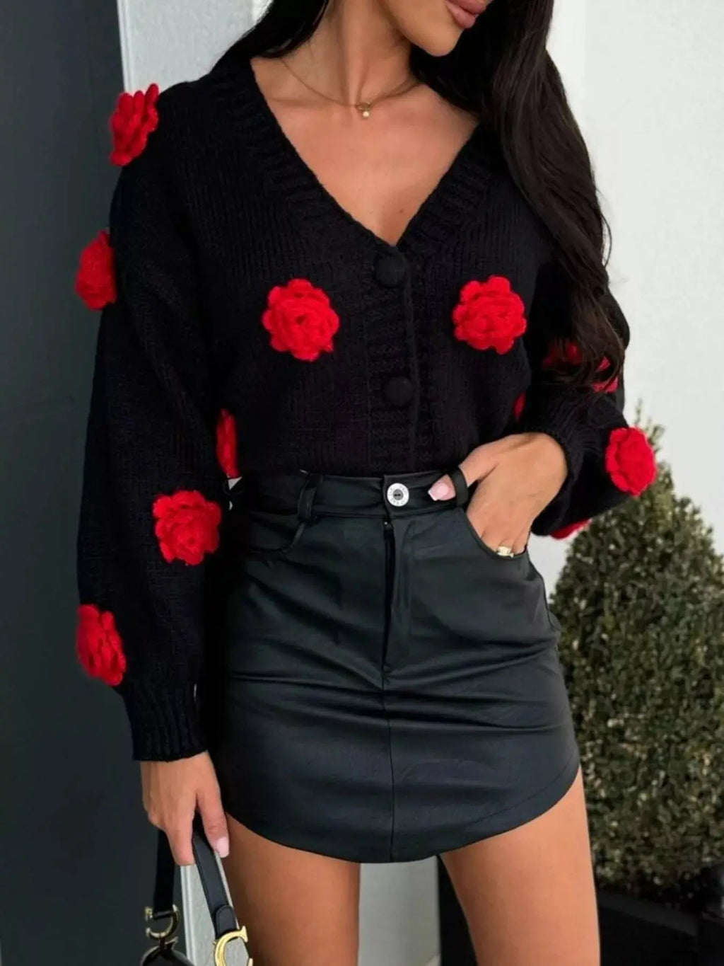 Rose Embellished V - Neck Cardigan - Charmdeals