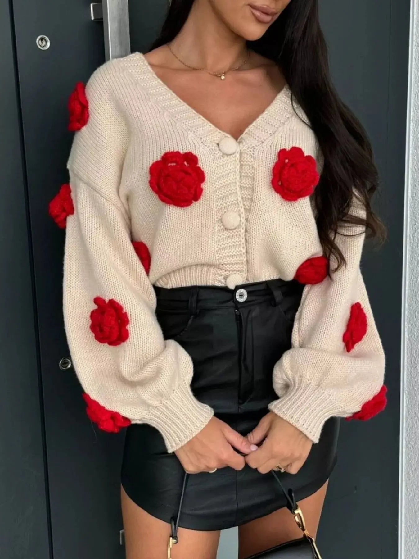 Rose Embellished V - Neck Cardigan - Charmdeals