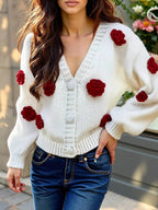 Rose Embellished V - Neck Cardigan - Charmdeals