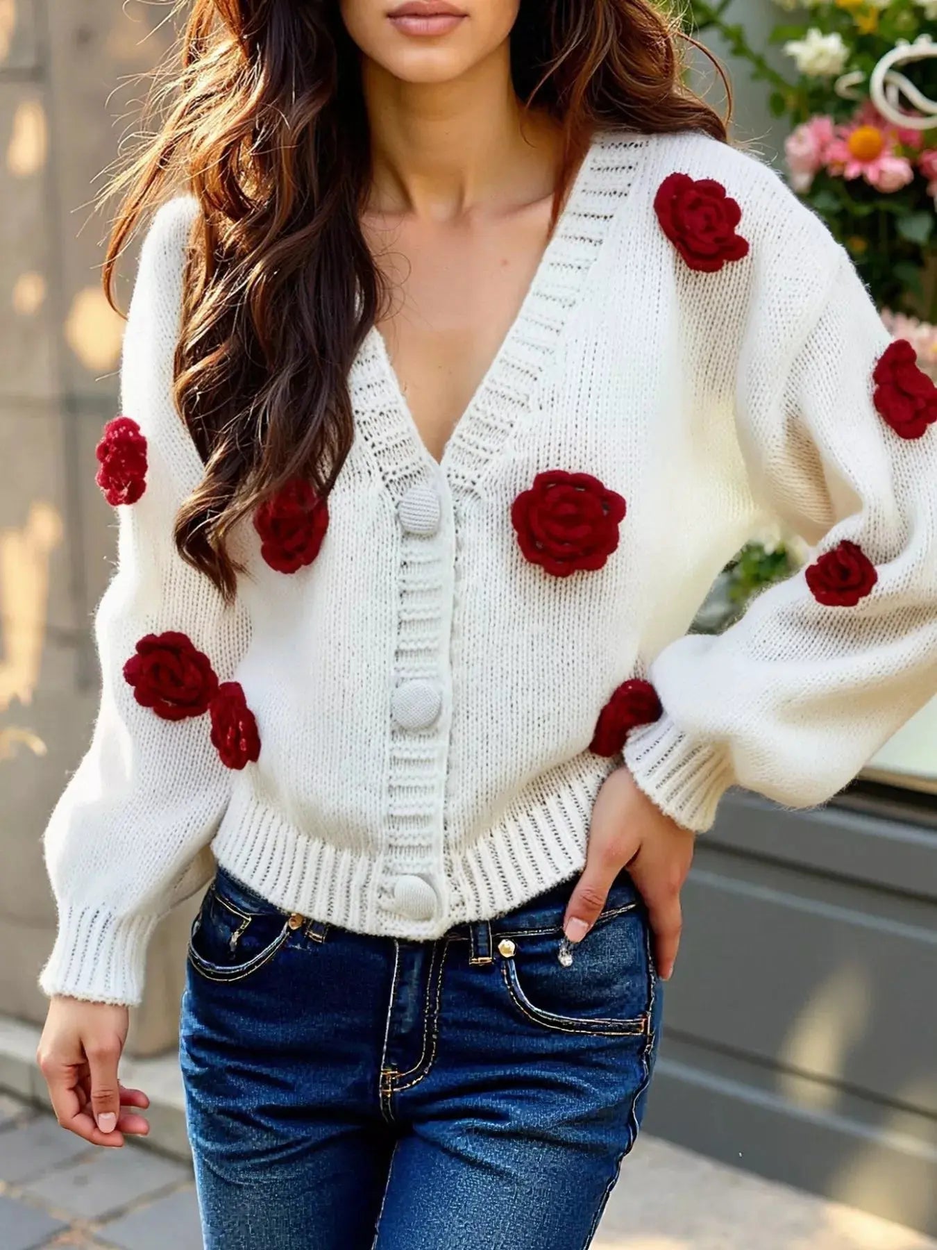 Rose Embellished V - Neck Cardigan - Charmdeals