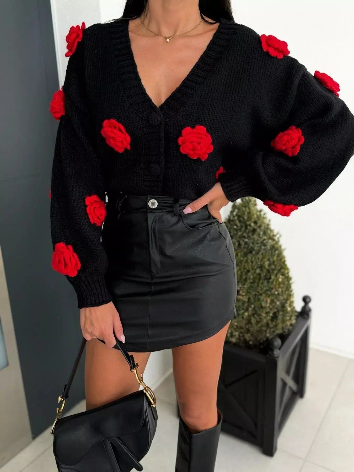 Rose Embellished V - Neck Cardigan - Charmdeals