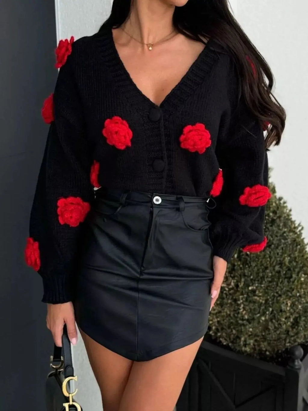 Rose Embellished V - Neck Cardigan - Charmdeals