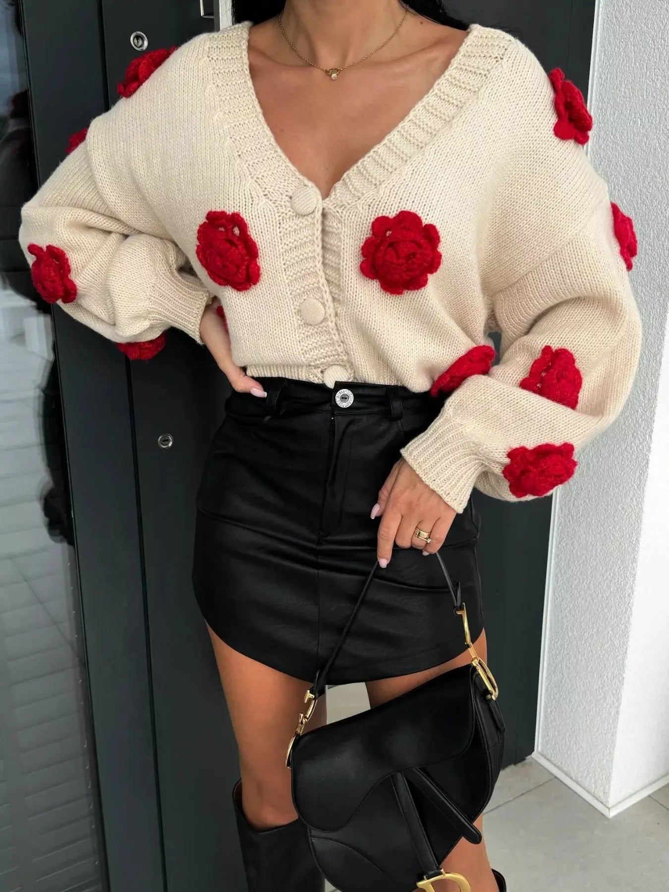 Rose Embellished V - Neck Cardigan - Charmdeals