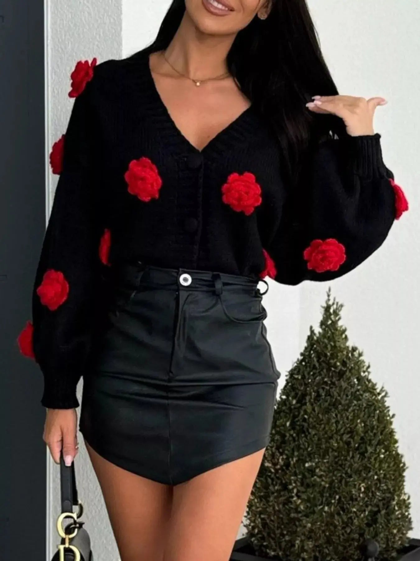 Rose Embellished V - Neck Cardigan - Charmdeals